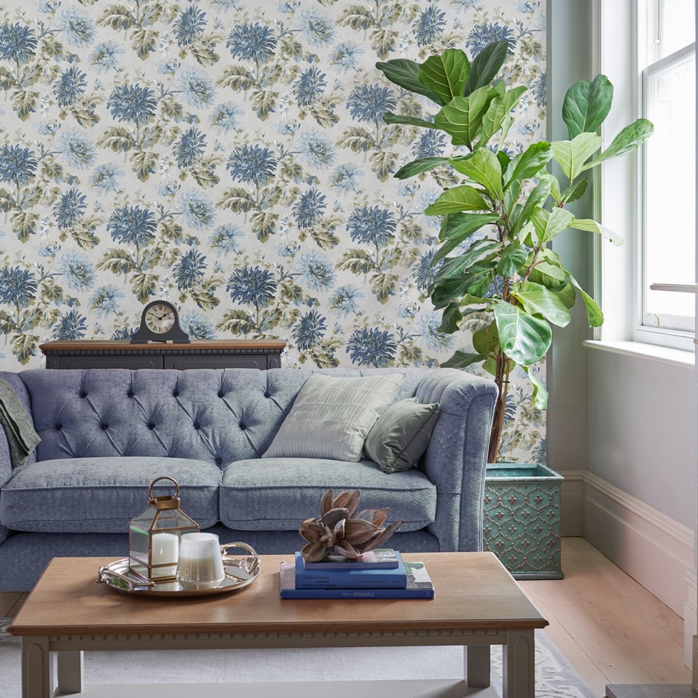 Maryam Floral Wallpaper 114913 by Laura Ashley in Seaspray Blue